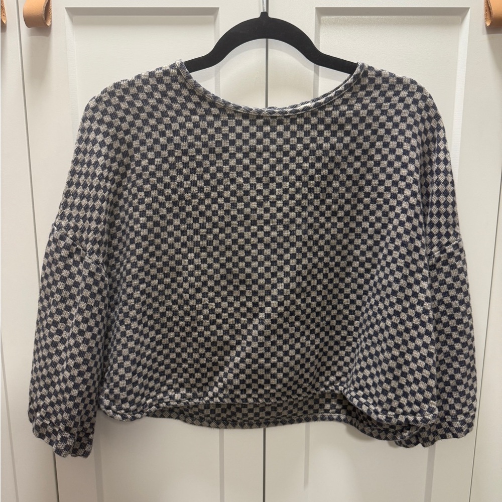 Beaton Linen Checkered Grey and Blue Women's Top